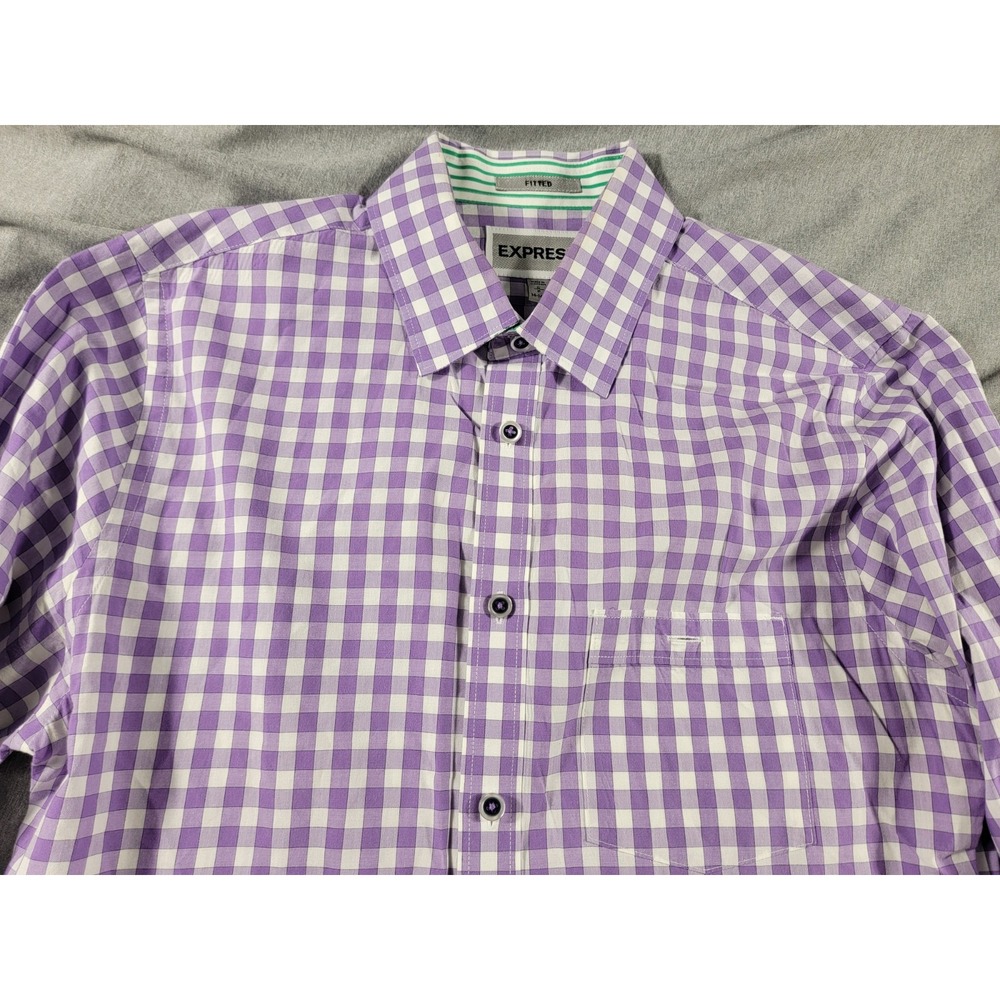 Express Shirt Mens Small Purple Check Gingham Fitted Long Sleeve Button Up